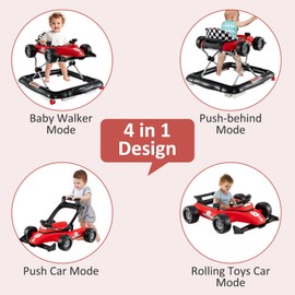 INFANS 4 in 1 Baby Walker, Foldable Toddler Activity Center with Adjustable Height, Padded Seat, Music, Light, Removable Tray, Push Walker for Girls Boys Aged 6-18 Months (Red)