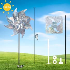 JOHOUSE 12PCS Reflective Pinwheels with Stakes, 7.5inch Bird Deterrent Pinwheels Extra Sparkly Pinwheels for Yard Garden Lawn Patio Farm