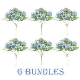 6 Pack Artificial Flowers, Fake Faux Peony Silk Hydrangea Plastic Carnations Daisy Realistic Flower Arrangements for Wedding Decoration Table Centerpieces, for Home Office Party Decor (Blue)