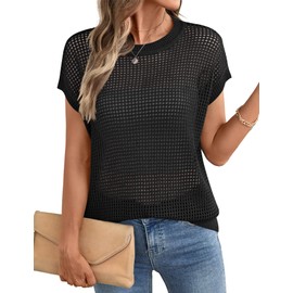 Ivicoer Womens Summer Top Short Sleeve Crochet Hollow Out Sweaters Cute Crew Neck Pullover Beach Cover Ups 2025 Black S
