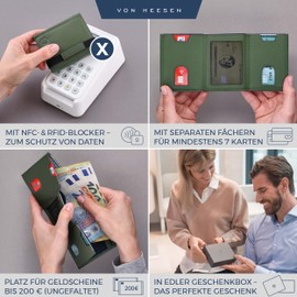 VON HEESEN Slim Wallet with RFID Protection - Men's Small Wallet - Mini Purse Women's Wallet - Card Holder Genuine Leather Card Wallet - Leather Credit Card Holder, Green, Mini coin compartment