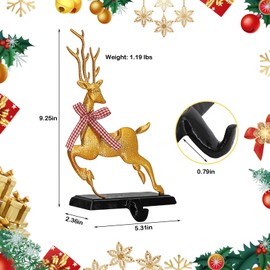 MINHOU-MINFEI Christmas Stocking Holder, Set of 2 Metal Gold Reindeer Stocking Hangers for Christmas Decorations Fireplace Mantle
