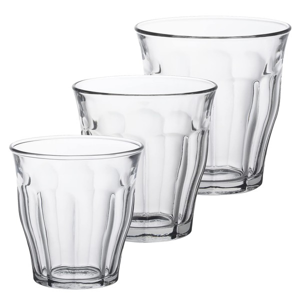 Duralex Picardie 18 Piece Clear Tempered Glass Drinkware and Tumbler Cup Set for Wine, Tea, Water, and Cocktails (4.5-5.75 - 7.75 ounce)