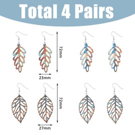 UNICRAFTALE 4 Pairs 4 Styles Wooden Leaf Dangle Earrings Boho Hollow Leaf Hook Earrings Vintage Fall Leaf Earrings Bohemian Colorful Nature Leaf Drop Earrings Jewelry Gifts for Women