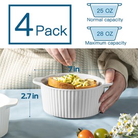 Taeochiy Soup Bowls with Handles - Large Serving Soup Bowl Set, 28 Oz Ceramic Soup Crocks for French Onion Soup, Cereal, Chilli, Stew, Microwave and Oven Safe, Set of 4, Stackable, White