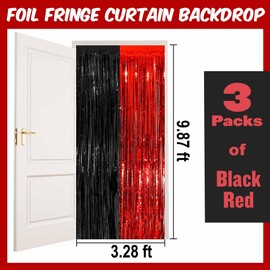 3 Pack 3.28x9.8 Ft Black and Red Foil Fringe Backdrop Curtains, Metallic Tinsel Streamers Curtains Backdrop for Photo Booth, Hallowmas, Christmas, Graduation, Disco, Celebration Party Decoration