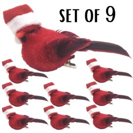 BANBERRY DESIGNS Cardinal Clip-On Christmas Tree Ornaments - Set of 9 Red Cardinals with Santa Hats and Metal Clips Attached - Small Artificial Birds for Crafts - Approx. 3 Inches Long…