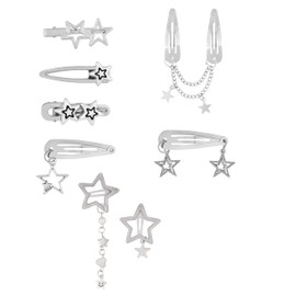 Sacina 8pcs Silver-tone Star Hair Clips – Y2K Goth Punk Emo Grunge Hair Accessories for Women, Non-Slip Metal Snap Barrettes for Daily Wear, Festival & Cosplay