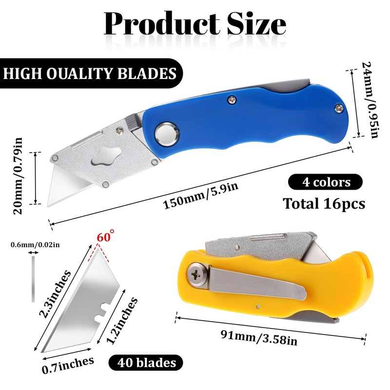 16 Pcs Folding Utility Knife 4 Color Retractable Box Cutter