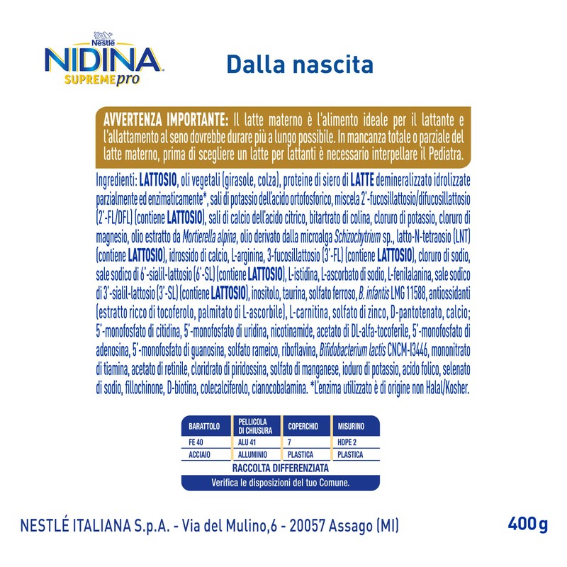 NIDINA SUPREMEpro 1 Latte per Lattanti Polvere dalla nascita, Latta