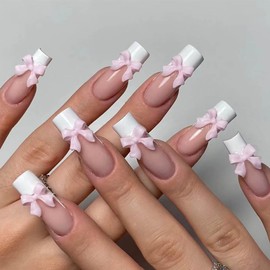Long Square Press on Nails MABKJLF French Tip Fake Nails Nude Full Cover Pink Bow Charm False Nails with Designs Glossy Handmade Glue on Nails Cute Acrylic Nails Artificial Nails for Women Girls 24Pcs