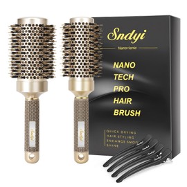 Sndyi Nano Thermal Ceramic & Ionic Tech Round Hair Brush with Boar Bristles, Professional Barrel Brush for Styling, Curling and Straightening, 2 Pack