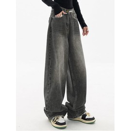 EMMIOL Grunge Jeans for Women High Waist Y2K Jeans Wide Leg Baggy Cargo Pants Casual Loose Boyfriends Trousers Vintage Streetwear Dark Grey