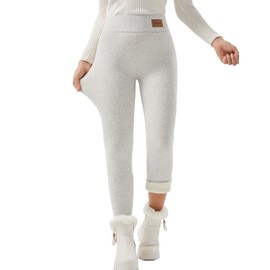 JK SUE JONES Women Winter Warm Thick Leggings Fleece Lined Stretchy Soft Thermal Sherpa Pants Cashmere High Waist Tights Light Grey