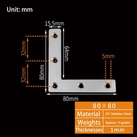10Pcs Flat L Corner Bracket 80mm x 80mm Stainless Steel Joining Brace Brackets Mending Plates for Wood Shelf Cabinet Table Chair (Silver)