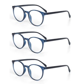 EYE ZOOM 3 Pack Retro Round Plastic Frame Reading Glasses for Men and Women, Navy Blue, +1.75