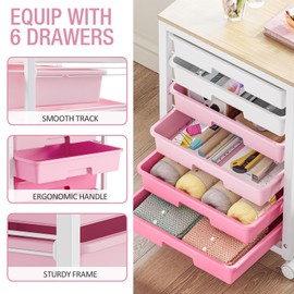 YKIARIOL Utility Cart with Drawers,Storage Cart with 6 Drawers and Wooden Tabletop