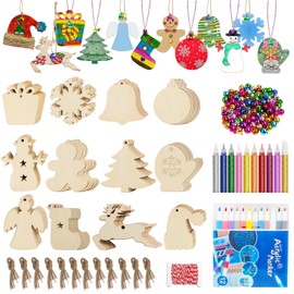 WOWOSS 96PCS Wooden Christmas Ornaments for Crafts, Unfinished Wood DIY Ornaments to Paint, with 10PCS Glitter Glue, 12PCS Acrylic Markers, 96PCS Short Ropes, 16.4ft Long Rope, and 96PCS Mini Bells