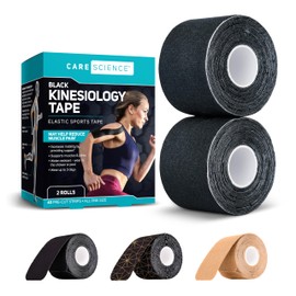 Care Science Care Science Waterproof Kinesiology Tape, 40 ct Precut Strips (2 Rolls), Black | Elastic Sports & Weightlifting Tape Supports Muscles & Joints. Water Resistant