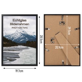 kollyseek Picture Frame DIN A4 (21 x 30 cm) Black Photo Frame with Glass Panel Plastic Picture Frame Poster Frame Photo Wall