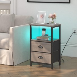 sthmec Nightstand with Charging Station, LED Night Stand with 2 Fabric Drawers, Grey Bedside Tables End Table with Drawers, 2-Tier Storage Side Table Nightstand with Drawers for Bedroom, Grey
