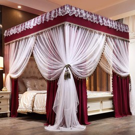 SCMTY Princess 4 Corner Post Bed Canopy & Cute Mosquito Net for Girls Bed Adult Bedroom Kids Rooms ; Curtain Net for Twin/Full/Queen/King Size Bed (Solid-Wine Red, King)