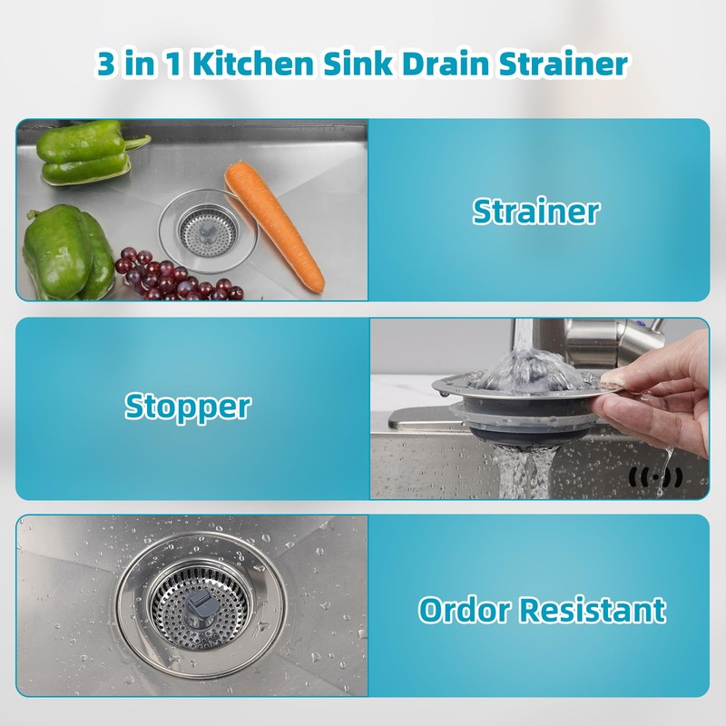 Hibbent 2 Pack 3 in 1 Kitchen Sink Drain Strainer,