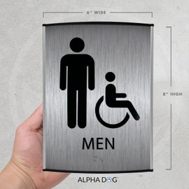 ALPHA DOG ADA SIGNS - Men's Bathroom Sign with Braille for Business, Curved Frame, ADA Compliant Restroom Sign, Indoor or Outdoor, Easy Installation, Made in the USA, Brushed