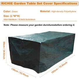 RICHIE Garden Furniture Covers Waterproof, Large Garden Furniture Sets Cover 193x136x88cm Rectangular, Outdoor Table Covers Windproof Anti-UV, Patio Set Table and Chair Cover, Garden Table Cover Green