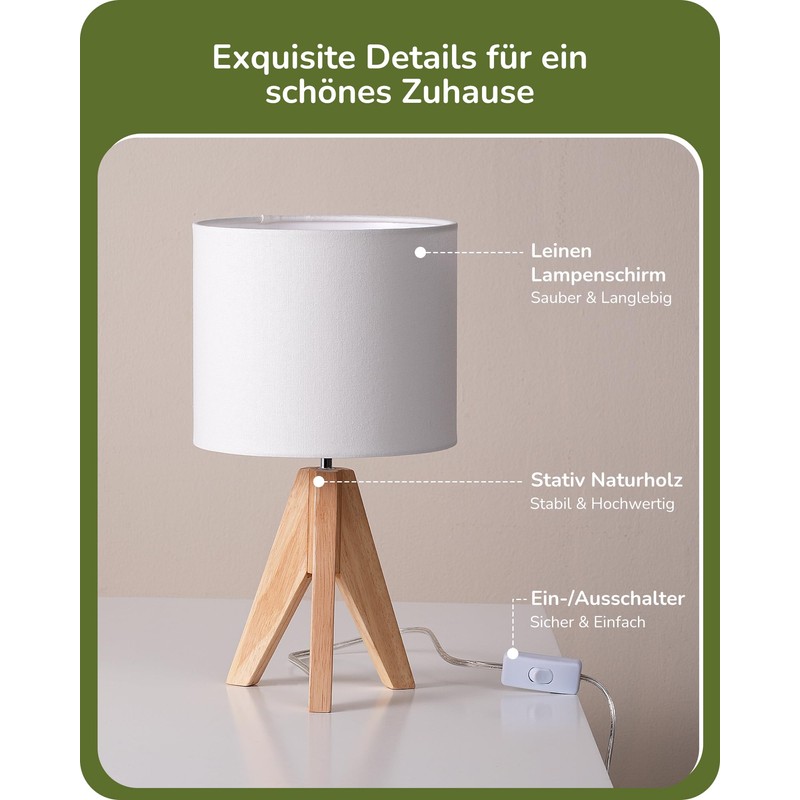 EDISHINE Wooden Bedside Lamp, Tripod Table Lamp, E27 Socket, Vintage