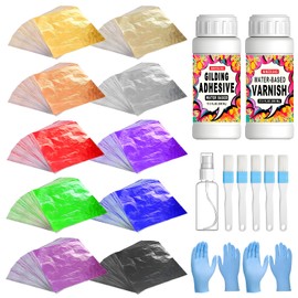 Ninesung Gold Leaf Kit | Gold Leaf Adhesive Set | 17.5 Fl.oz Water Based Adhesive & Varnish | 10 Colors Gold Leaf 500 Sheets | 5 Brushes | with Spray Bottle for Art, Gilding, Crafts, DIY, Nails