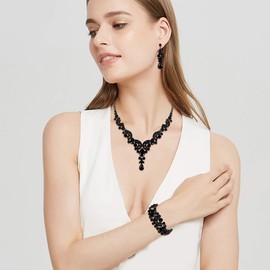 Ever Faith Costume Jewelry Sets Rhinestone Crystal Bridal Bride Art Deco Floral Teardrop Necklace Earrings Bracelet for Women Black Black-Tone