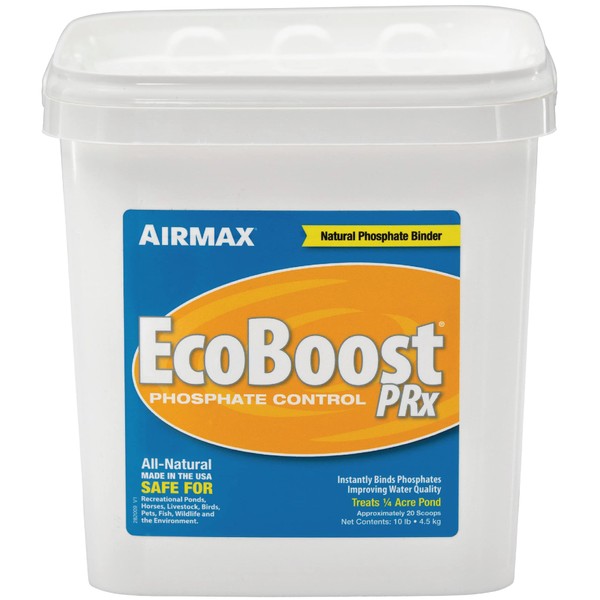 Airmax EcoBoost PRx Natural Pond Water Clariﬁer, Binds Excess Phosphates & Contaminants for Clear Water, Safe for Pets, Plants & Fish, Treats ¼ Acres, 4 Month Supply, 20 Scoops, 10 lb