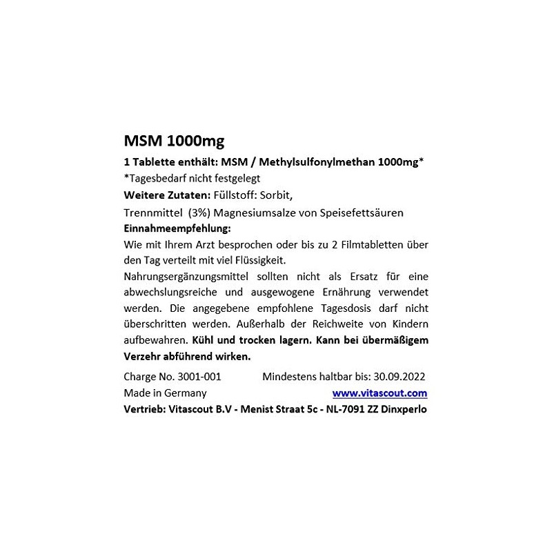 MSM - Methylsulfonylmethane - 270 Tablets - 2000 mg Daily