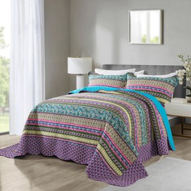 NEWLAKE Cotton Bedspread Quilt Sets - Reversible Patchwork Coverlet Set, Striped Jacquard Pattern, California King Size