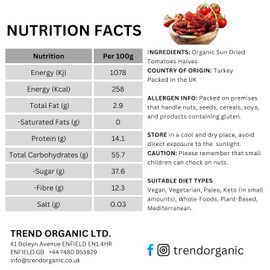 Trend Organic Sun Dried Tomato Halves – Perfect for Pasta Sauces, Sandwiches, Pizzas – Certified Organic, Vegan, Non-GMO, No Additives No Preservatives, Raw, 500g