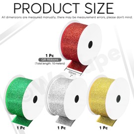 Wokape Christmas Ribbon Kit, 4 Rolls 2 Inch x 11 Yard Glitter Sparkly Ribbon with Metallic Diamond Glitter and Gold Metallic Edge Christmas Ribbon for Tree, Crafts, Home and Holiday Decor