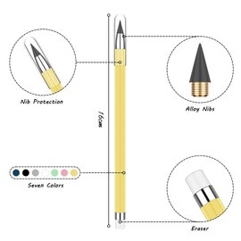Vicloon Inkless Pencils Eternal, Pack of 7 Eternal Pencil with Eraser, with 7 Replacement Tips, Infinite Pencil, Pencil without Sharpening for Writing, Drawing, Reusable (A)
