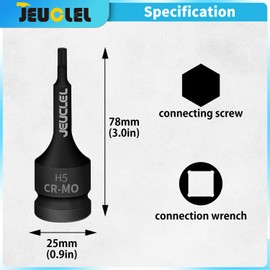 JEUCLEL 5mm Hex Impact Bit Socket, H5 1/2-Inch Impact Drive Allen Socket, Cr-Mo Steel Lengthen Hex Screwdriver Adapter for Electric Ratchet Wrenches Fastening Screws