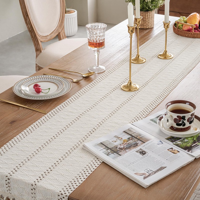 duduta White Macrame Table Runner 72 inches Long, Rustic Farmhouse