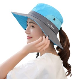 HGGE Women Ponytail Summer Sun Hat Wide Brim UV Hats Floppy Bucket Cap for Safari Beach Fishing Gardening Sky Blue