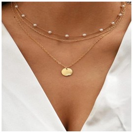Allereya Vintage Layered Pearl Choker Necklace Disc Coin Pendant Necklace Gold Pearl Beaded Chain Necklace Bohemia Necklaces Chain Jewelry for Women and Girls