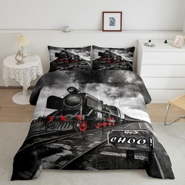 Retro Kids Comforter Set - Full Size, Black & Red Train Car Bedding Set - Vintage 3D Train Duvet Insert, 2 Pillowcases