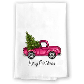 Decorative Kitchen Dish and Bath Hand Towels | Cute Colorful Rustic Pink Truck With Green Christmas Tree | White Tea Towel Home Decor Holiday Decorations | Quality XMAS Gift Present