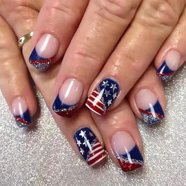 Independence Day Press on Nails Short Square Blue French Tip Nails Stars Fake Nails with Designs 4th of July False Nails Patriotic Acrylic Nails Short Glue on Nails Blue Stick on Nails for Women 24Pcs