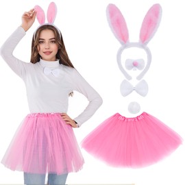hoyuwak 5Pcs Easter Bunny Costume Set Includes Rabbit Ear Headband Nose Pink Tutu Skirt Bow Tie and Tail for Women Cosplay