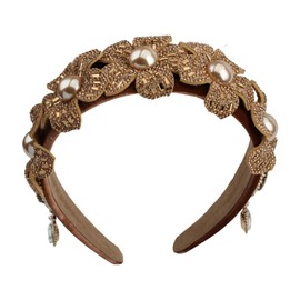 Florate Big Wide Crystal Flower Headband for Women Pearl Rhinestone Butterfly Leaf Padded Velvet Elegant Floral Hairband (H1097-brown)