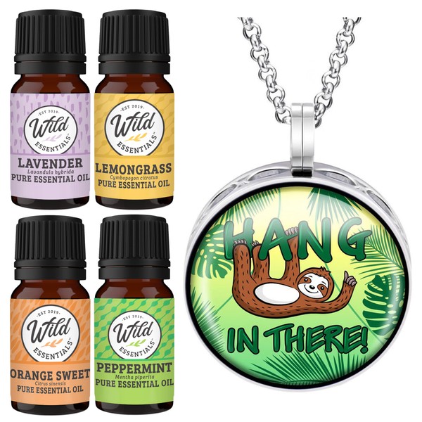 Wild Essentials Hang in There Sloth Necklace Essential Oil Diffuser Kit with Lavender, Lemongrass, Peppermint, Orange Oils, 8 Refill Pads, Calming Aromatherapy Gift Set, Customizable, Perfume