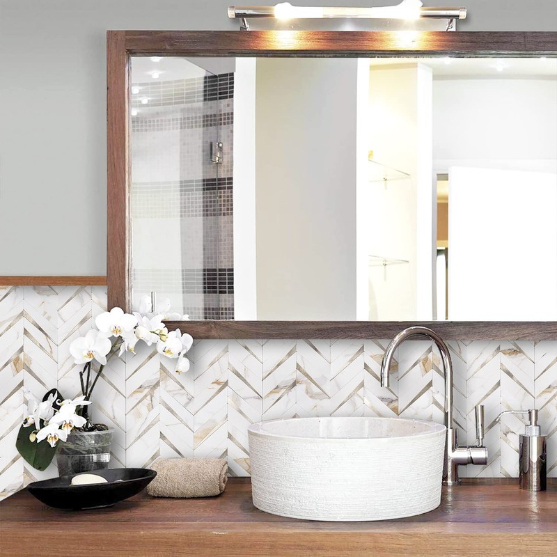 STICKGOO 10-Sheet Herringbone Tile Peel and Stick Backsplash, Calacatta Marble