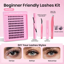 Beetles Lash Kit Volume Wispy Lash Clusters Eyelash Extension Kit 100 Pcs CC Curl 9-16mm False Eyelashes Extension Set with 2-in-1 Bond and Seal Remover Brush Tweezers Bouquet KVB083